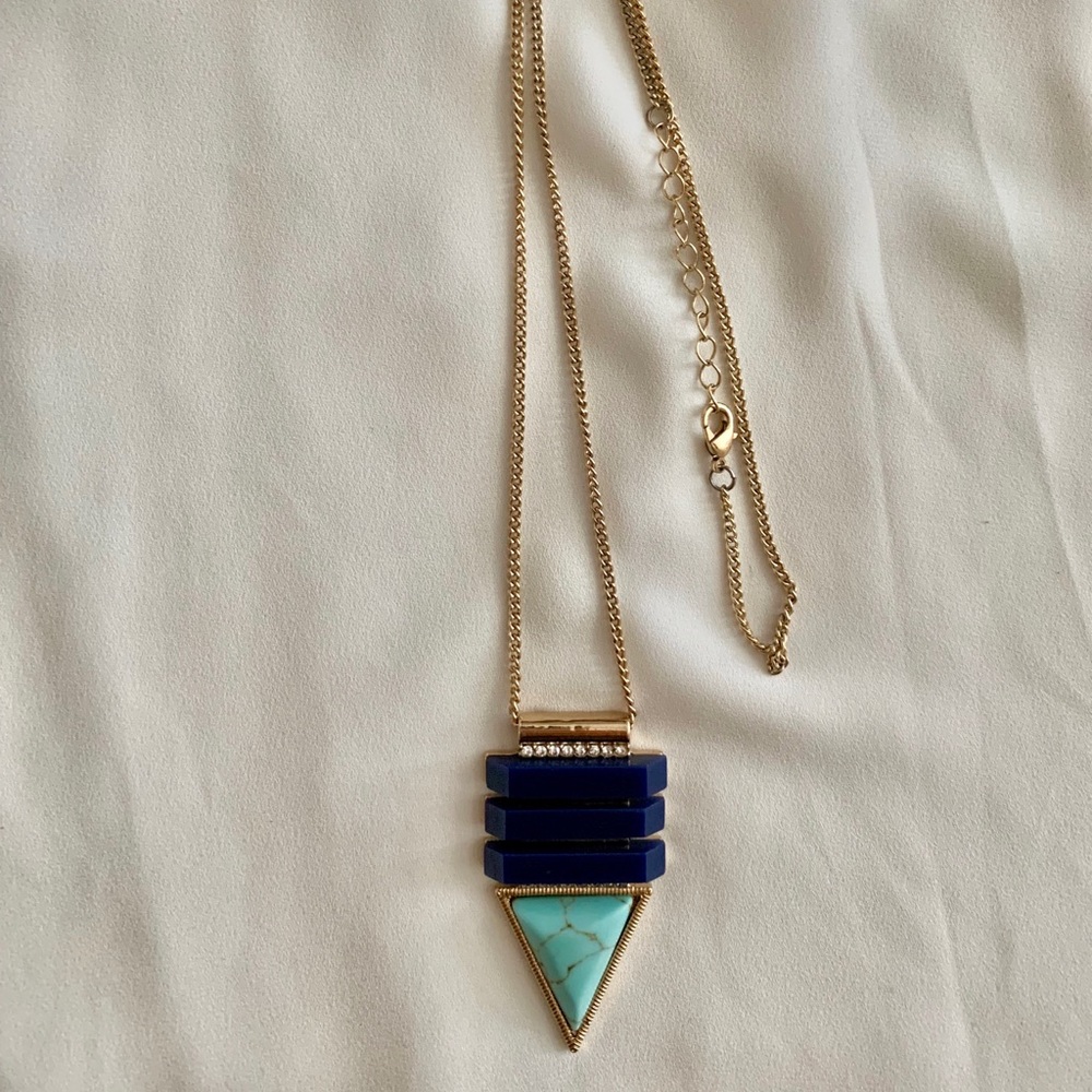 Long gold & teal turquoise statement necklace